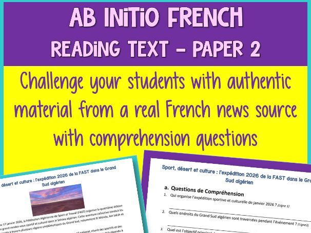 IB French Ab Initio – Reading Activity | Sport | Identities | Test Prep |Algeria|Francophone