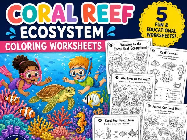 Coral Reef Ecosystem Coloring Worksheets | Ocean Habitat Activities |K–Grade 2 Science