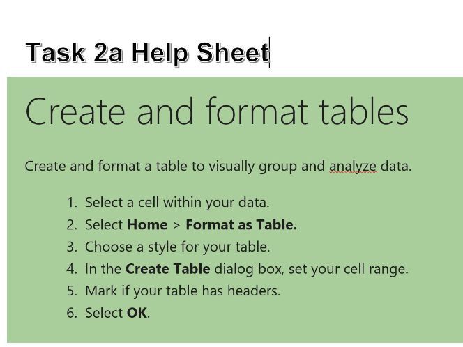 BTEC Tech Awards DIT Component 2 Task 2a Help Sheet - Spreadsheet Presentation & Formula