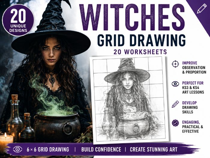 Witches Grid Drawing Worksheets | 20 Halloween Art Activities | 6×6 Grid Drawing | KS3 KS4