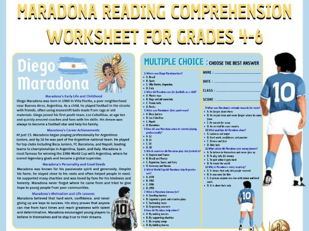 Diego Maradona Reading + Quiz Grades 4-6