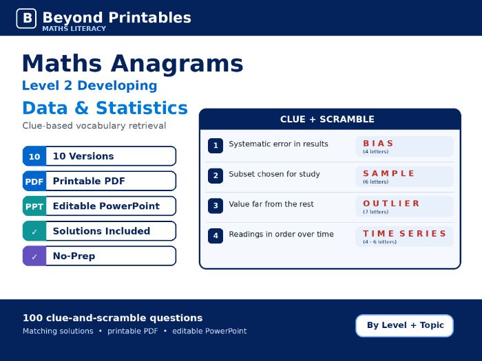 Maths Anagrams Level 2 Data and Statistics | Vocabulary Retrieval PDF + PowerPoint