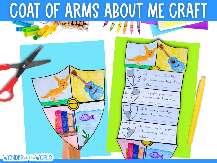 Coat of arms craft shield template writing activity KS2