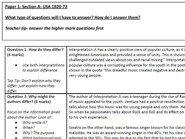 Exam Technique Help Sheet- AQA GCSE History Paper 1 USA