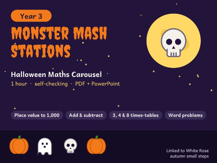 Year 3 Halloween Maths Carousel: Place Value, Add/Subtract, 3, 4 and 8 Times-Tables (Linked to White