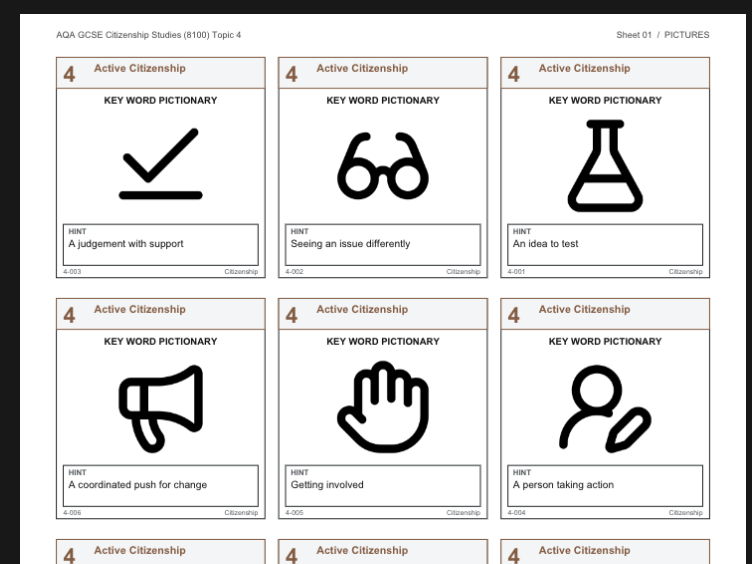 AQA Citizenship Theme 4 'Active Citizenship' Keyword Quiz Cards