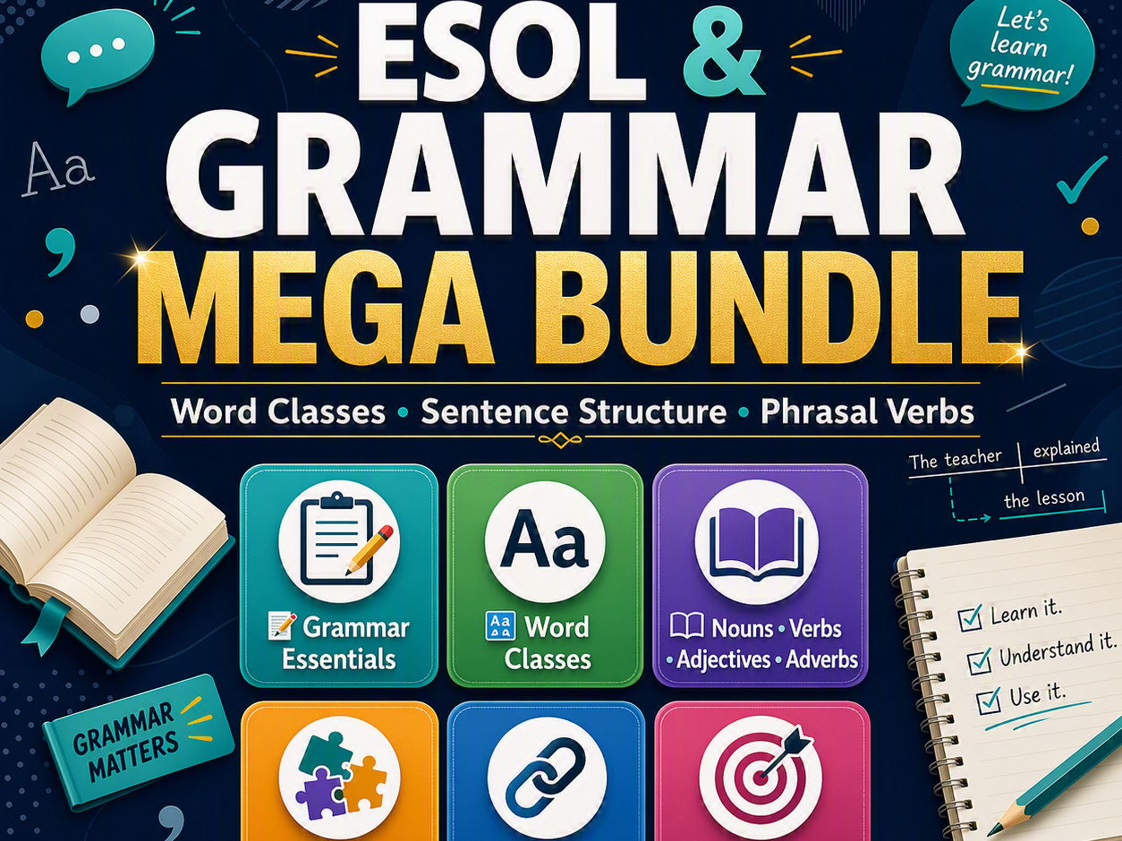 ESOL Grammar Mega Bundle 2026 –2027 Word Classes, Sentence Structure & Phrasal Verbs (E3–L1 · B1–B2 · Printable · Worksheet + Answers)