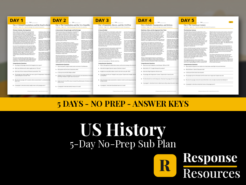US History Emergency Sub Plans - 5 Days No Prep Print and Go Worksheets