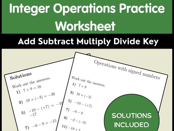 Integer Operations Practice Worksheet | Add Subtract Multiply Divide Key