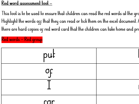 Red word assessment tool