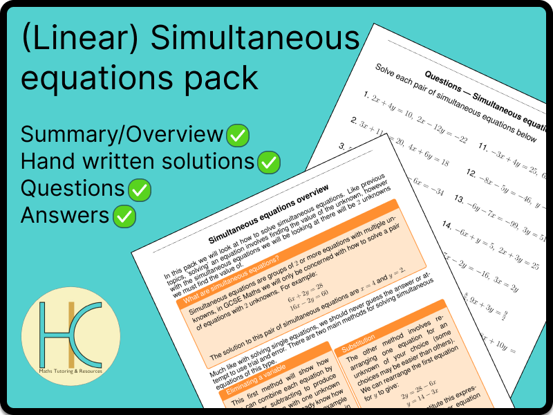 Simultaneous equations pack (Linear), Questions, Worked examples, Overview