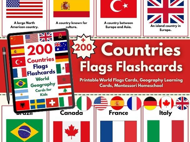 200 Countries Flags Flashcards | World Geography Flashcards | Learning Cards