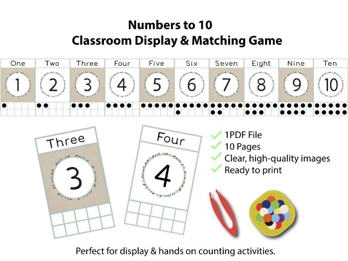 Numbers to 10 Classroom Display & Matching Game – Early Years