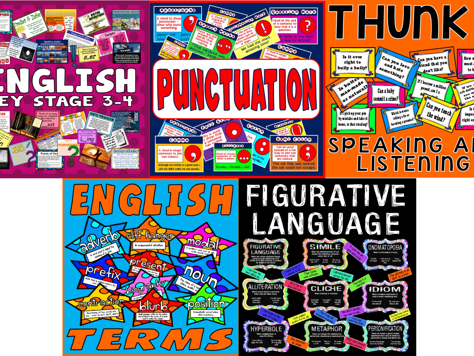 *ENGLISH BUNDLE KS3-4* ACTIVITIES, GAMES, TASKS,, STARTERS, PUNCTUATION POSTERS, THUNKS SPEAKING AND LISTENING, ENGLISH KEY TERMS WORDS FLASHCARDS, FIGURATIVE LANGUAGE DISPLAY POSTERS - KEY STAGE 3-4, LITERACY