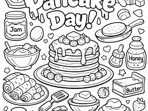 Pancake Day Colouring Page - Pancake Tuesday, Shrove Tuesday, Lent, Mardi Gras