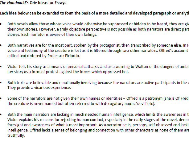 The Handmaid’s Tale and Frankenstein Analytical Ideas and Tasks - Edexcel A Level Specification