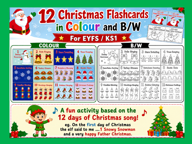 12 Christmas Flashcards in Colour + B/W