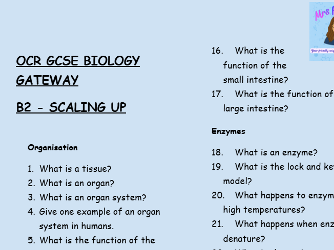 OCR GCSE Biology B2 – Scaling Up - 30 Retrieval Low Stakes Questions + answers