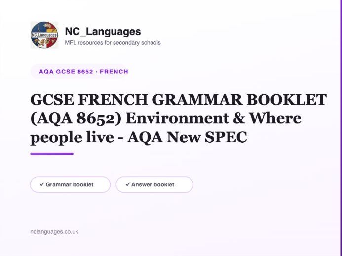 GCSE FRENCH GRAMMAR BOOKLET (AQA 8652) Environment & Where people live - AQA New SPEC