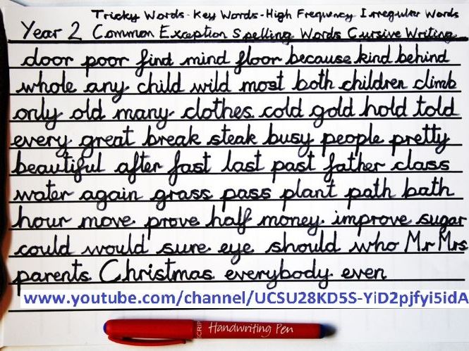 Common Exception Spelling Tricky Words Cursive writing KS1 Year 2 Irregular High Frequency