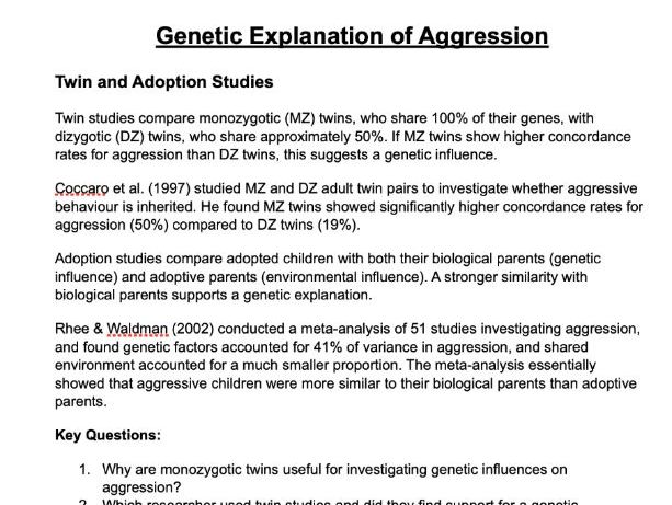 Genetic explanation for aggression - worksheets