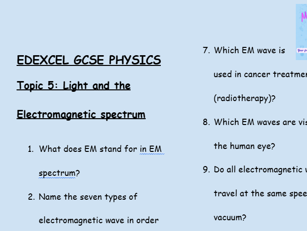 GCSE Edexcel Physics Topic 5: Light and the Electromagnetic Spectrum Revision Worksheet