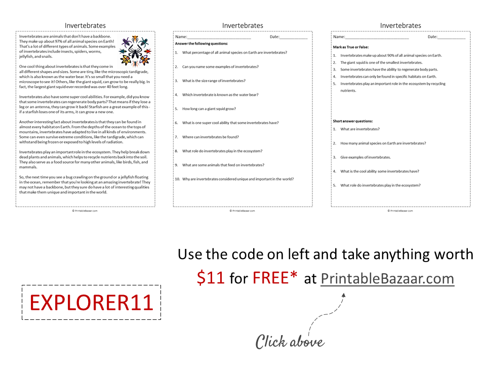 Invertebrates Reading Comprehension Passage Printable Worksheet ...