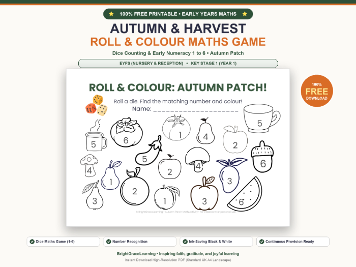 Autumn Patch Roll and Colour Maths Game | EYFS KS1 Dice Activity FREE