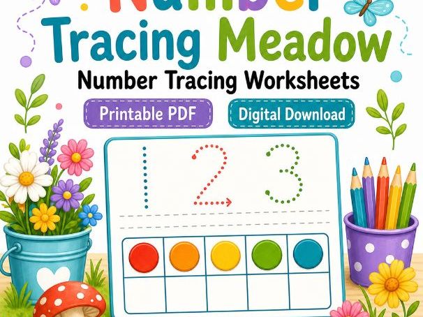 Number Tracing Meadow | Number Tracing Worksheets | Printable PDF | Digital Download