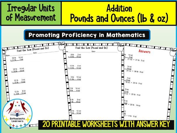 Addition of Irregular Measurement Units – Pounds and Ounces | Worksheets Practice Activity