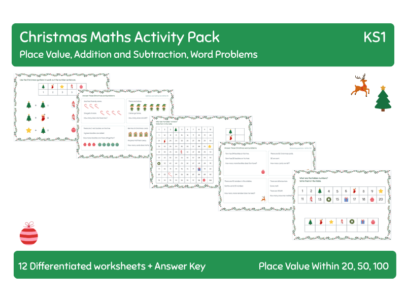 Christmas Maths Year 1 | Missing Numbers, Addition, Subtraction & Word Problems to 100 | KS1