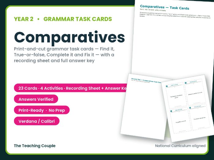 Year 2 Comparatives Task Cards – 23 Grammar Cards + Answer Key