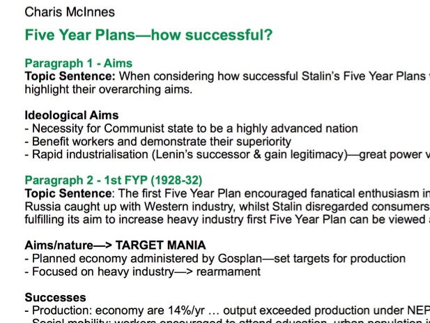 History A Level: Success of the Stalin's Five Year Plans Essay Plan