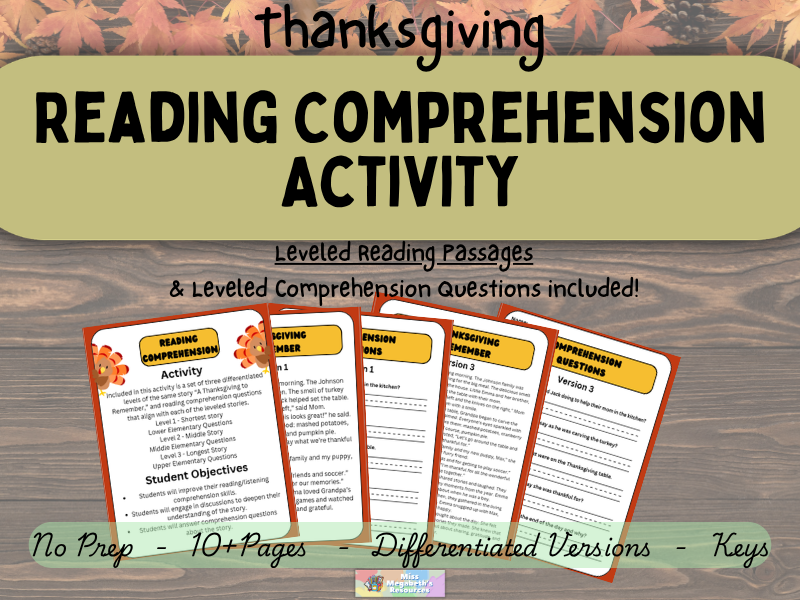 Thanksgiving Reading Passage & Comprehension Questions | Differentiated Set K-5
