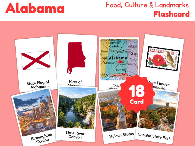 Alabama Geography Flashcards | 18 Printable State Study Cards