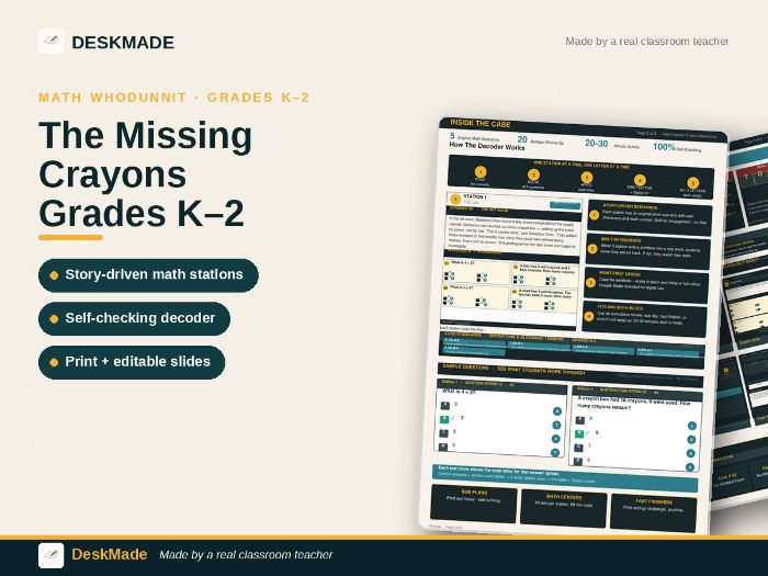 Math Whodunnit Escape Room | Grades K–2 | Missing Crayons | 5-Station Mystery