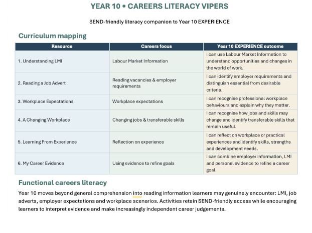 Year 10 – EXPERIENCE: Careers Literacy VIPERS