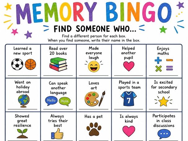 Memory Bingo – Find Someone Who… | End of Year UKS2 Classroom Activity
