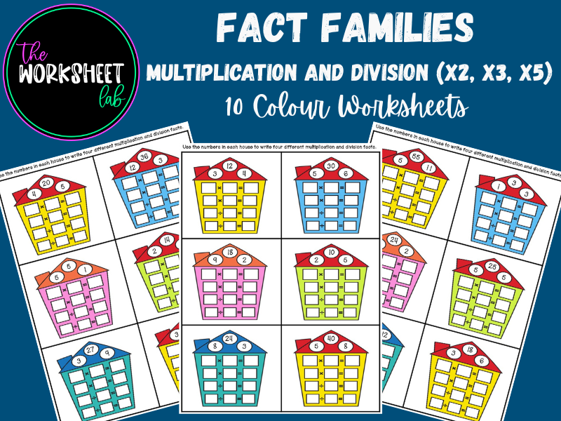 Multiplication and Division Fact Families 2, 3 and 5 Times Tables Worksheets in Colour