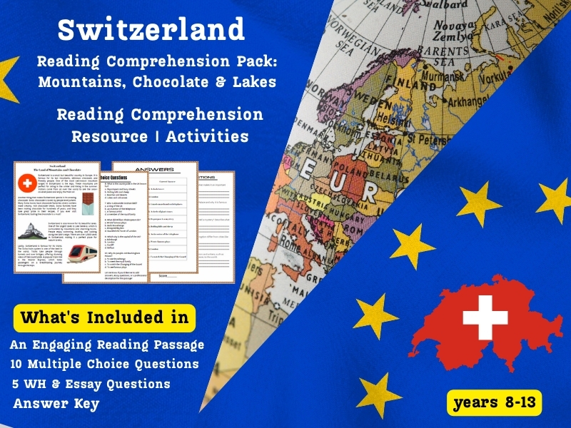 Switzerland Reading Comprehension Pack: Mountains, Chocolate & Lakes - Activities Worksheet