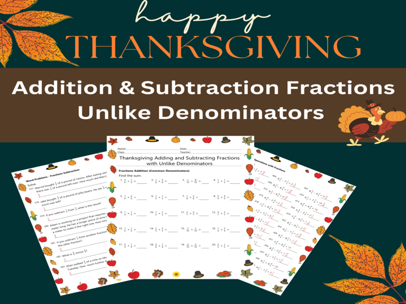 Thanksgiving Adding & Subtracting Fractions Bundle of 22 Worksheets | No-Prep Math Activity