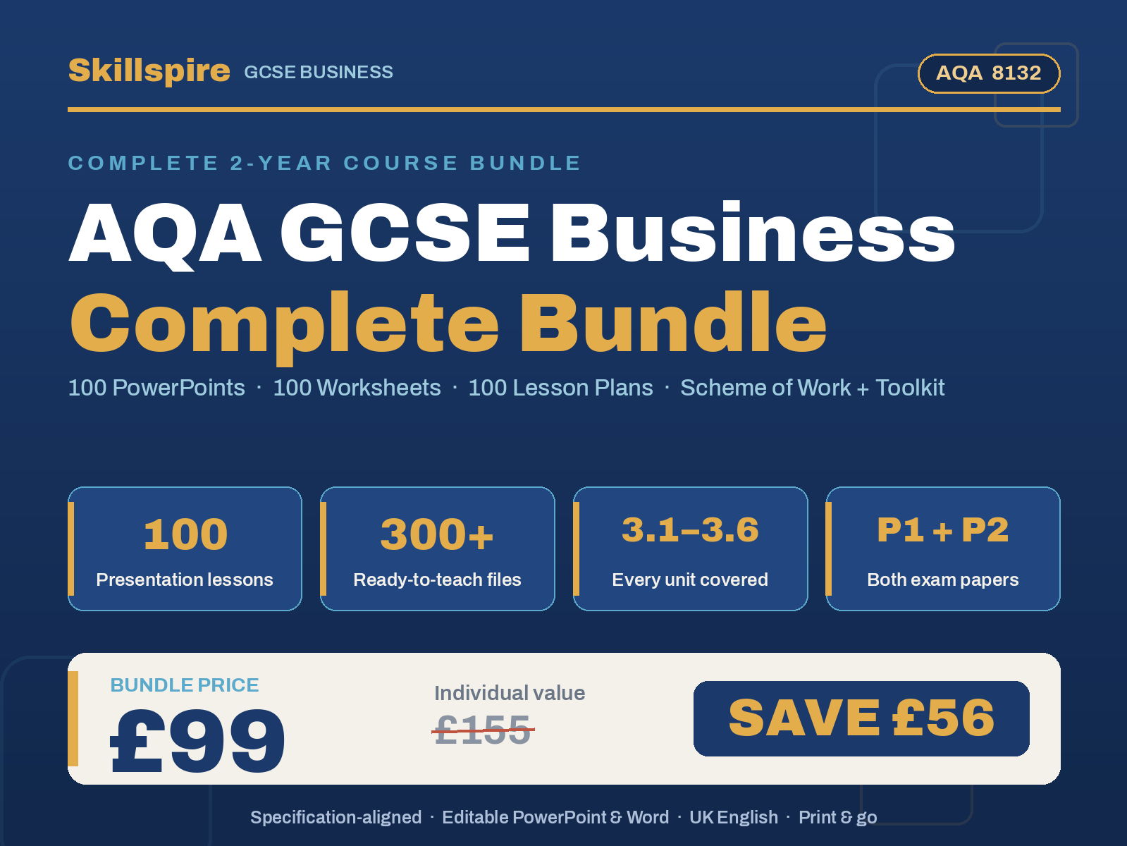 AQA GCSE Business 8132 Complete 2-Year Course Bundle | 100 Lessons + 100 Worksheets + 100 Lesson Plans + Scheme of Work