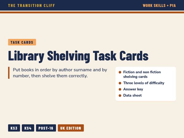 Library Shelving Task Cards: Fiction A to Z and Non Fiction Dewey Order for SEND Work Skills