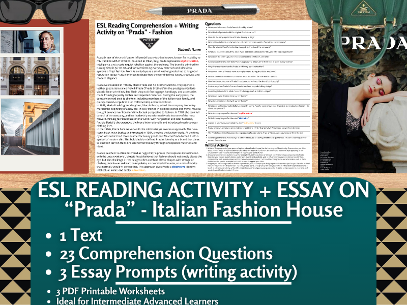 ESL Reading Comprehension + Writing Activity Worksheets - Prada - Fashion House
