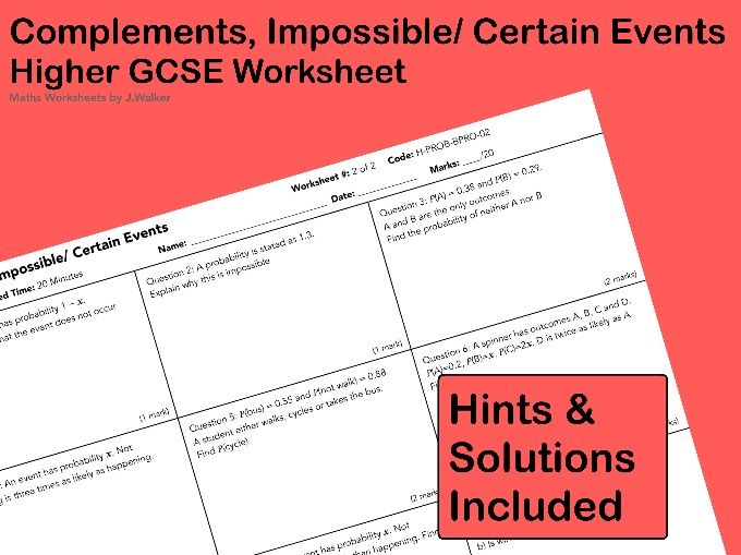 GCSE Maths Worksheet: Complements, Impossible/ Certain Events - Higher Tier