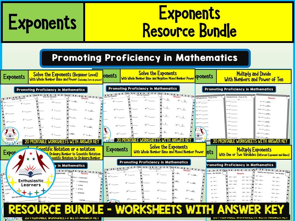 EXPONENTS Worksheets Products or Resource BUNDLE for GRADE 5–8