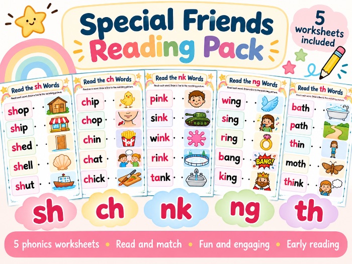 Set 1 Special Friends Reading Pack | sh, ch, nk, ng, th | Phonics word matching