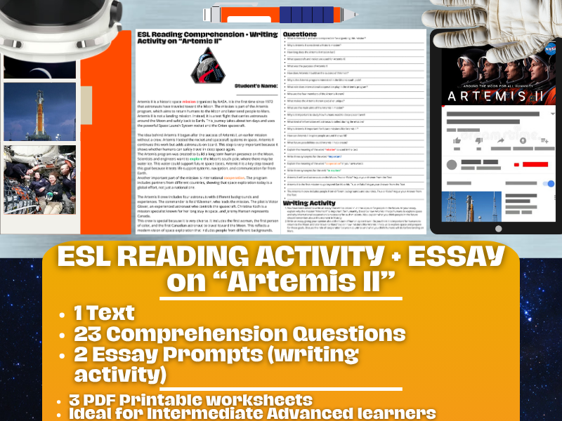 ESL Reading Comprehension + Writing Activity Worksheets - Artemis II