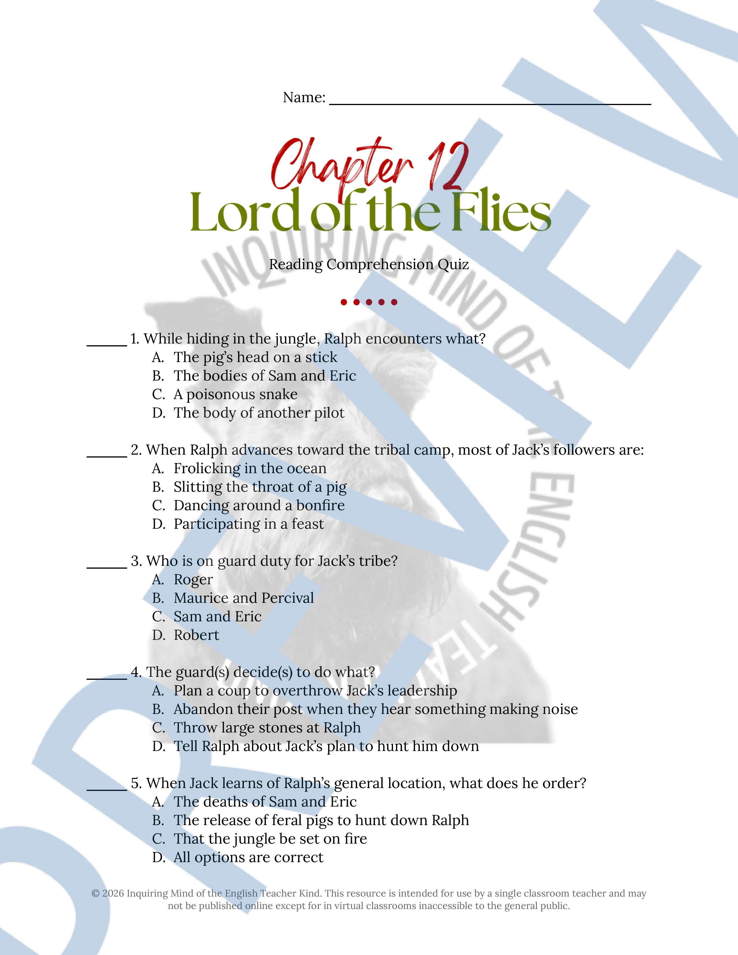 Lord of the Flies Chapter 12 Quiz and Answer Key | Guided Reading ...