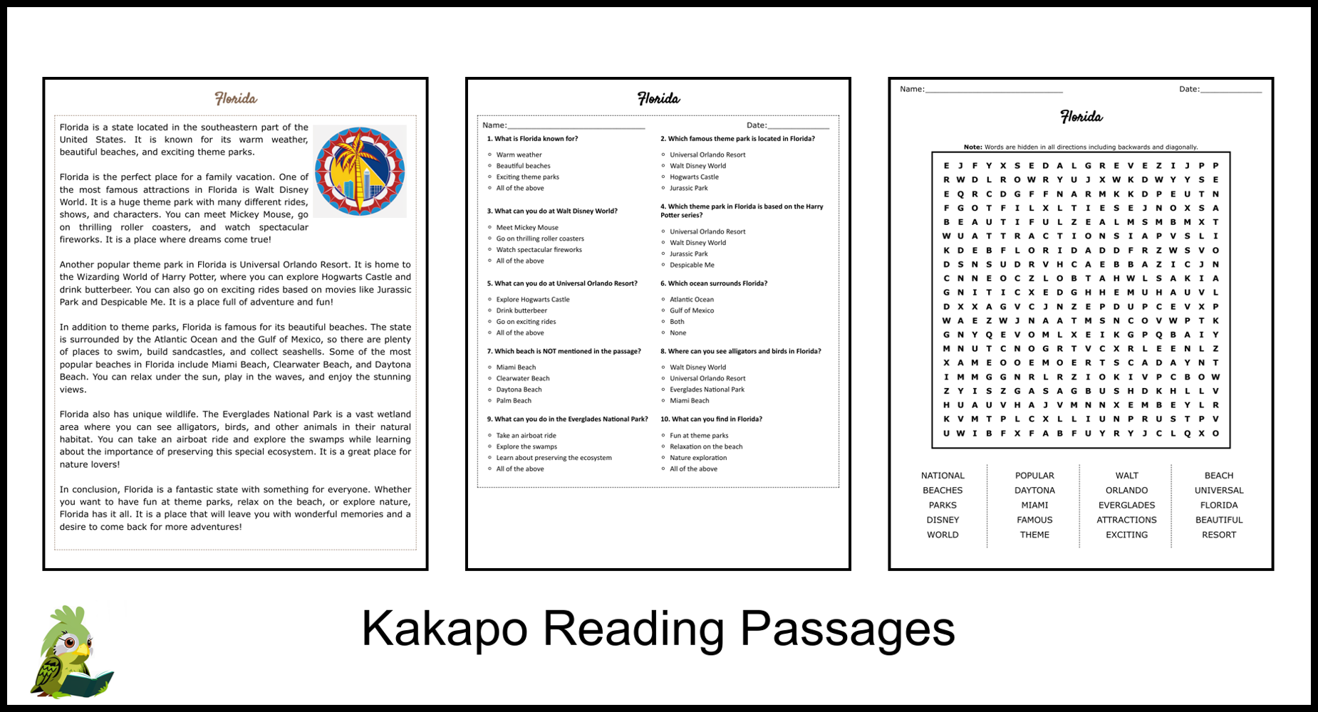Florida Reading Comprehension and Word Search | Teaching Resources